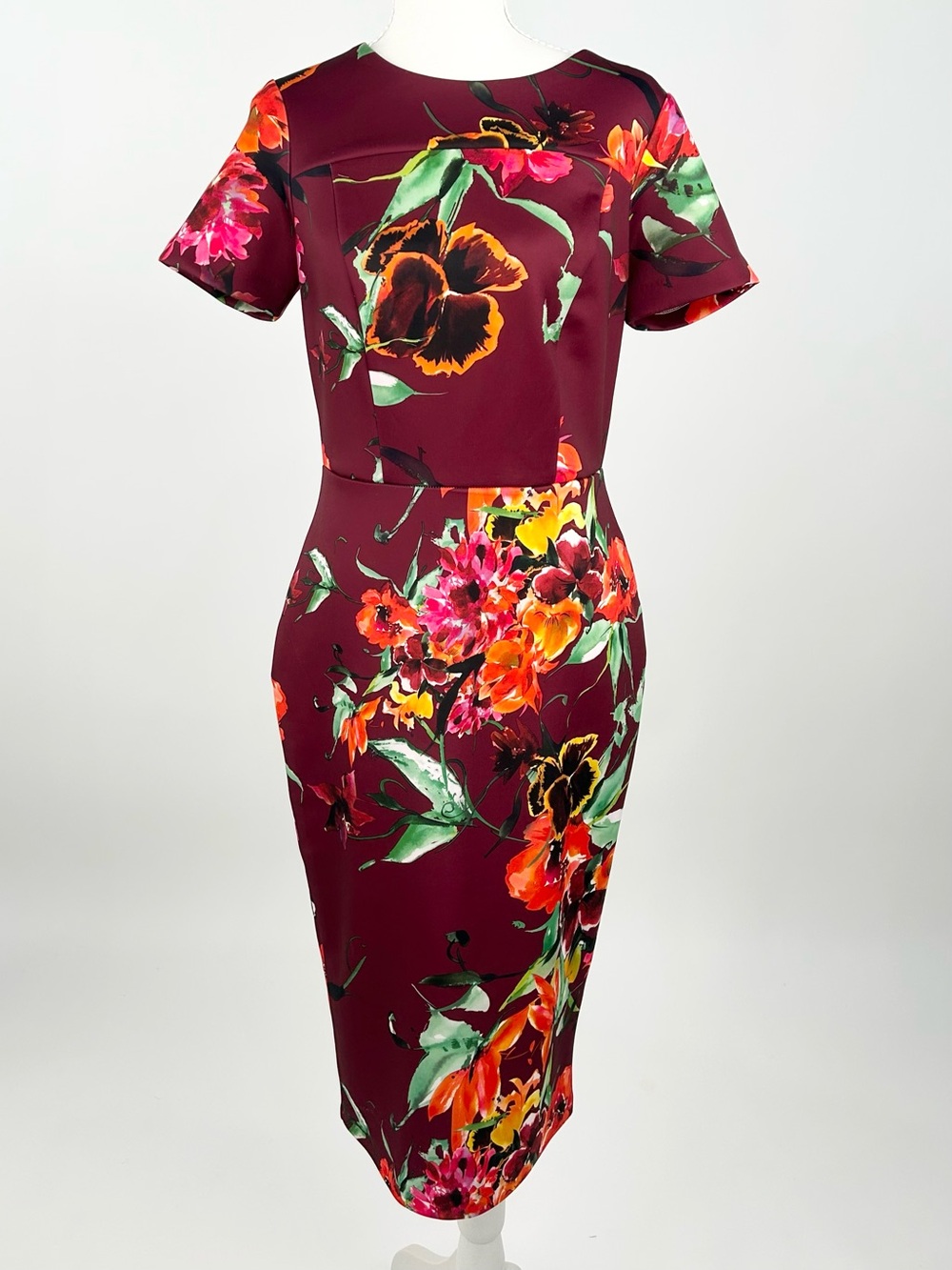 Alexia Admor Floral Sheath Midi Dress Burgundy Stretch Women’s M